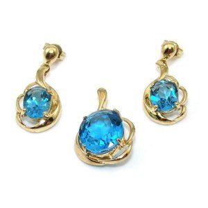 10K Yellow Gold Blue Topaz Earring Pendant Set Lot